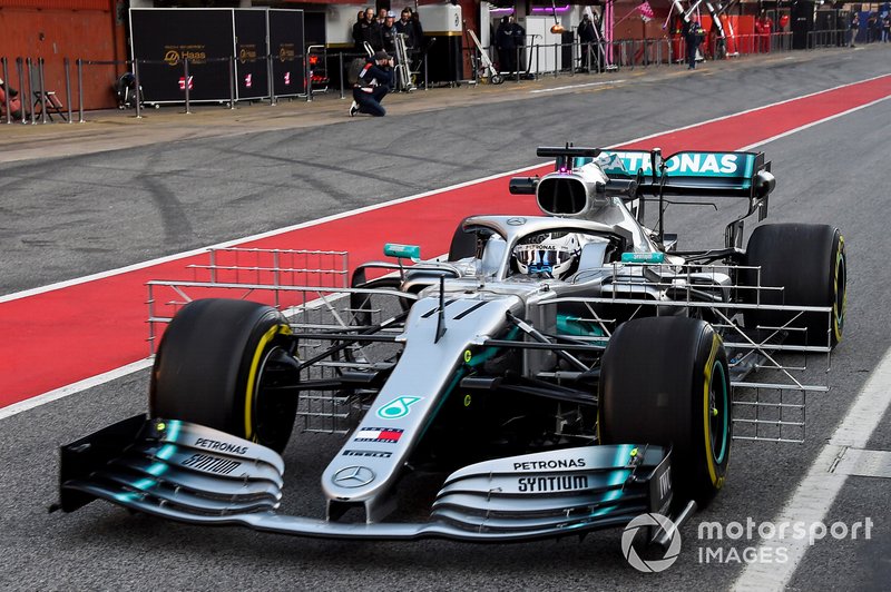 Valtteri Bottas, Mercedes AMG F1 W10, carries a test rig