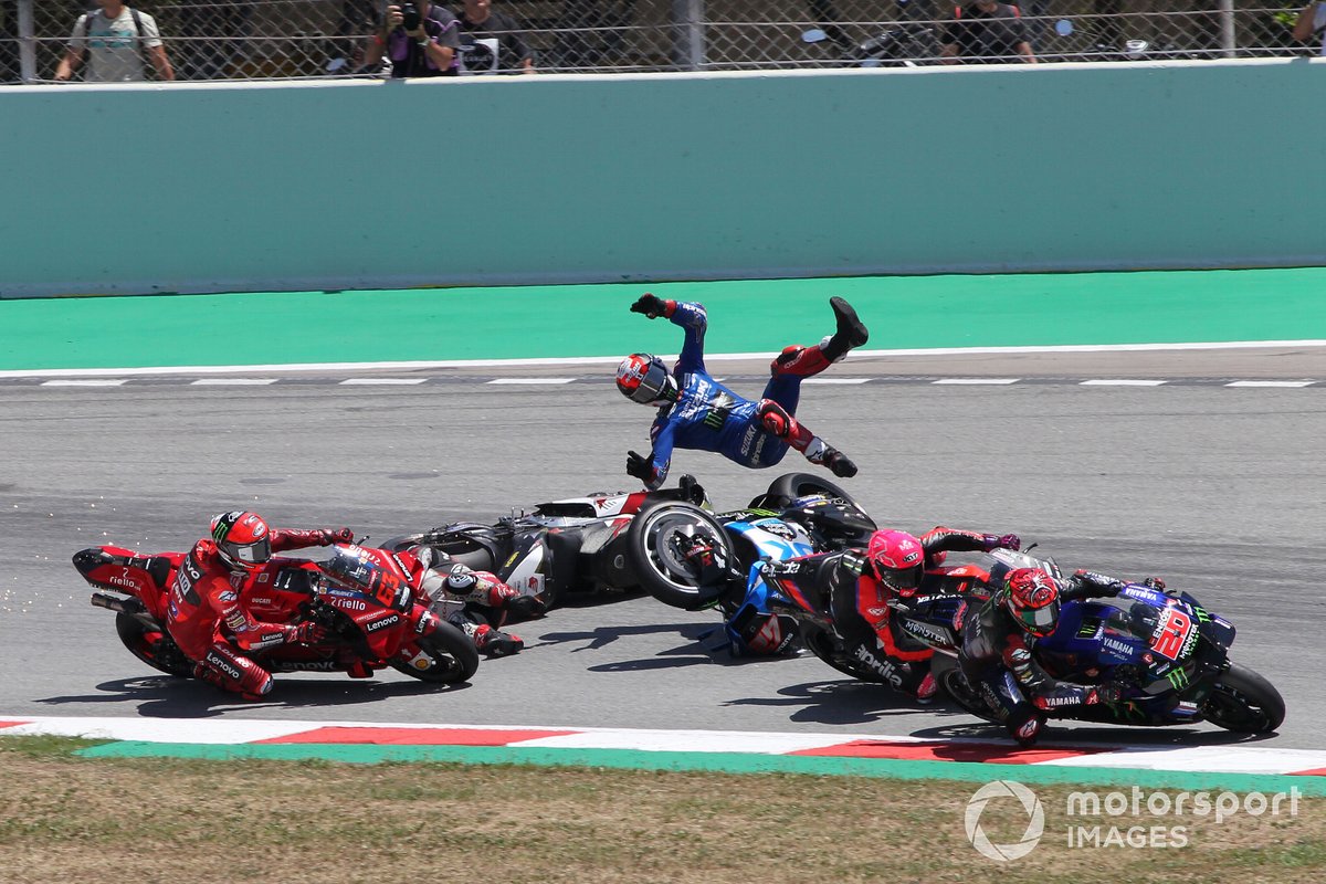 Fabio Quartararo, Yamaha Factory Racing leads, Takaaki Nakagami, Team LCR Honda and Alex Rins, Team Suzuki MotoGP crash, Francesco Bagnaia, Ducati Team behind