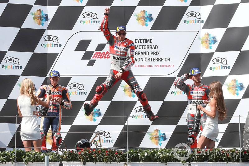 Podio: segundo, Marc Marquez, Repsol Honda Team, ganador, Jorge Lorenzo, Ducati Team, tercero, Andrea Dovizioso, Ducati Team