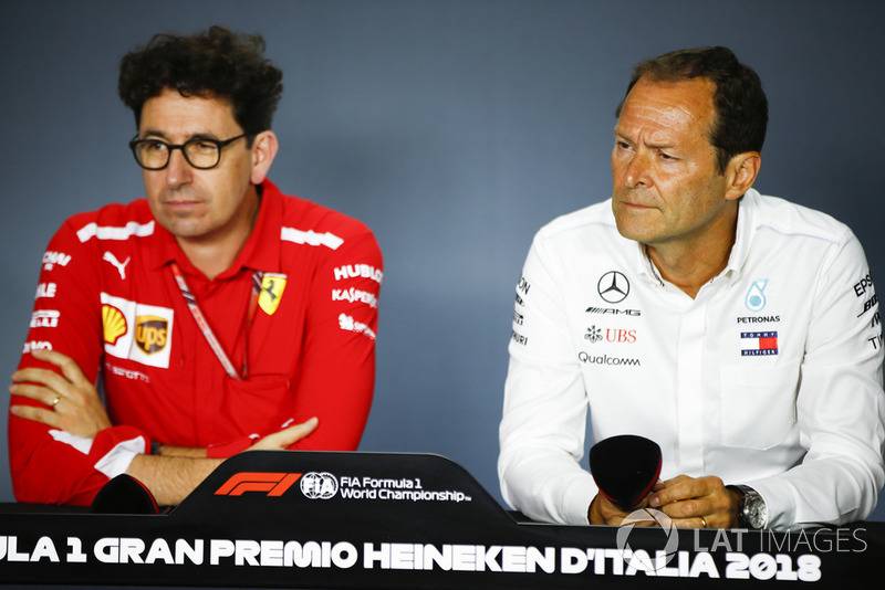Mattia Binotto, Chief Technical Officer, Ferrari, and Aldo Costa, Engineering Director, Mercedes AMG, in the Press Conference