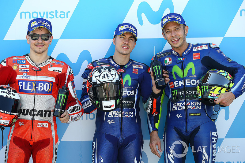 Polesitter Maverick Viñales, Yamaha Factory Racing, tweede plaats Jorge Lorenzo, Ducati Team, derde 