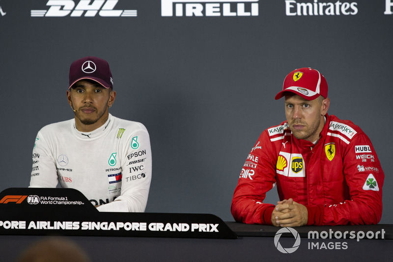 Lewis Hamilton, Mercedes AMG F1 and Sebastian Vettel, Ferrari in the Press Conference