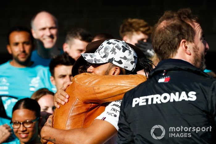 Actor and friend Matthew McConnaughtey congratulates Lewis Hamilton, Mercedes AMG F1, 2nd position, on securing his sixth drivers world championship title