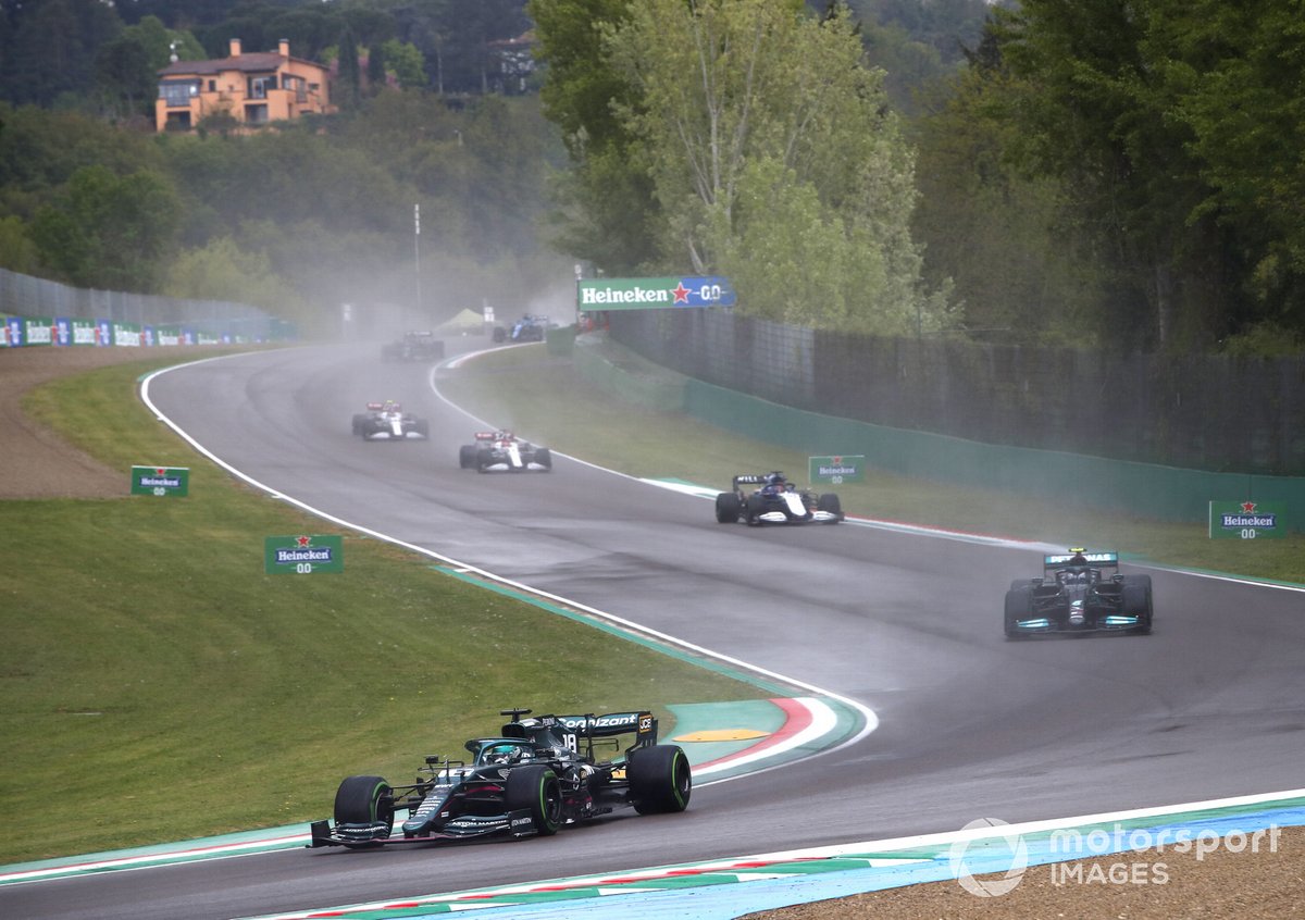 Lance Stroll, Aston Martin AMR21, Valtteri Bottas, Mercedes W12, George Russell, Williams FW43B, and Kimi Raikkonen, Alfa Romeo Racing C41