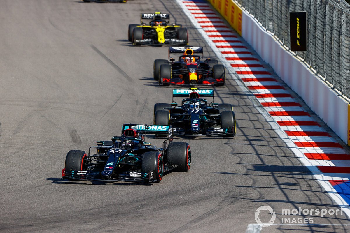 Lewis Hamilton, Mercedes F1 W11, Valtteri Bottas, Mercedes F1 W11, and Max Verstappen, Red Bull Racing RB16