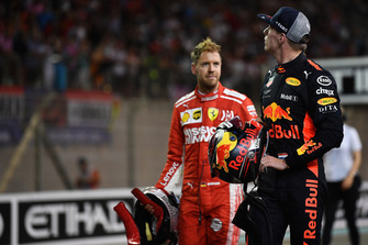 Sebastian Vettel, Ferrari and Max Verstappen, Red Bull Racing celebrate in Parc Ferme