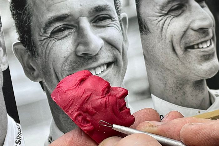 Helio Castroneves, Meyer Shank Racing at BorgWarner trophy modeling in wax