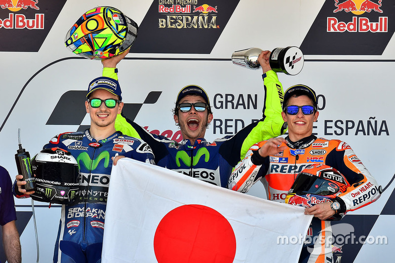 Podium : le vainqueur Valentino Rossi, Yamaha Factory Racing, le deuxième, Jorge Lorenzo, Yamaha Factory Racing, le troisième, Marc Marquez, Repsol Honda Team