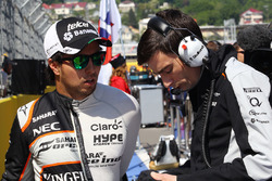 Sergio Perez, Sahara Force India F1 with Tim Wright, Sahara Force India F1 Team Race Engineer on the