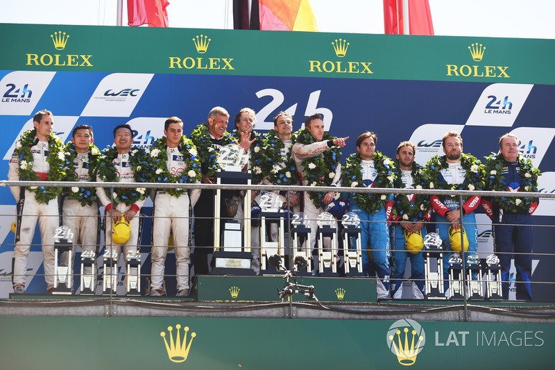 Overall podium: winners Timo Bernhard, Earl Bamber, Brendon Hartley, Porsche Team, second place Ho-Pin Tung, Oliver Jarvis, Thomas Laurent, DC Racing, third place Mathias Beche, David Heinemeier Hansson, Nelson Piquet Jr., Vaillante Rebellion Racing