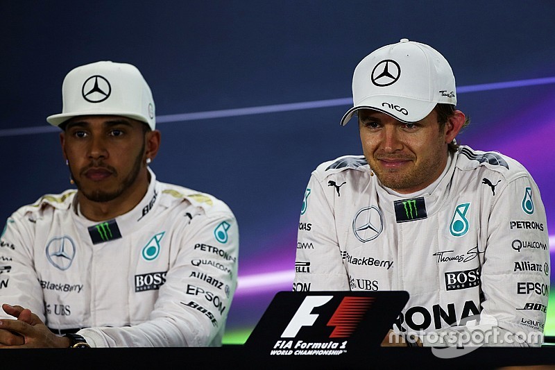 Second place Lewis Hamilton, Mercedes AMG F1 and polesitter Nico Rosberg, Mercedes AMG F1 in the post qualifying FIA Press Conference
