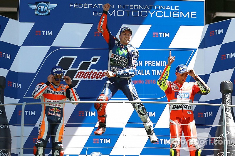 Podium: race winner Jorge Lorenzo, Yamaha Factory Racing, second place Marc Marquez, Repsol Honda Team, third place Andrea Iannone, Ducati Team