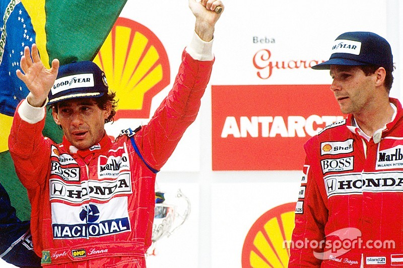 Pódio: vencedor Ayrton Senna, da McLaren, 2º colcoado Riccardo Patrese, da Williams, e 3º colocado Gerhard Berger, da McLaren