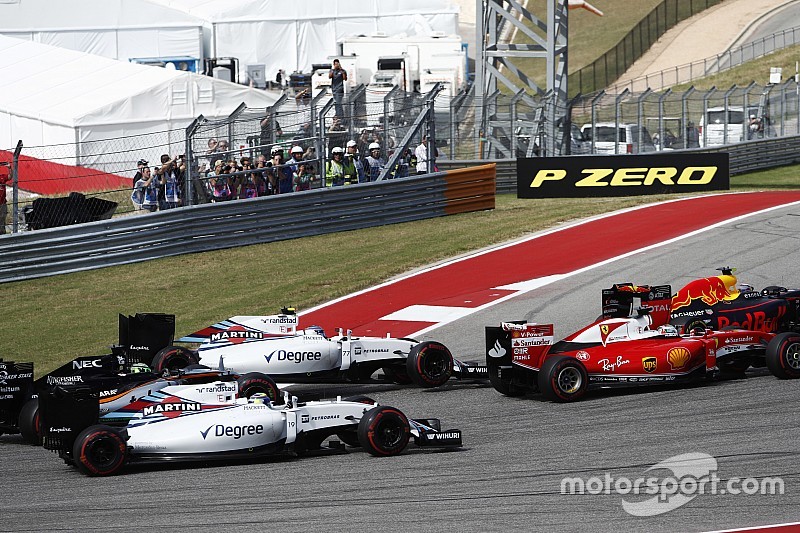 Max Verstappen, Red Bull Racing RB12 leads Sebastian Vettel, Ferrari SF16-H; Valtteri Bottas, Williams FW38; Felipe Massa, Williams FW38 and Nico Hulkenberg, Force India VJM09