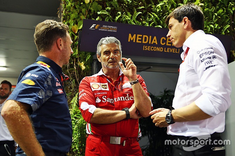 (L to R): Christian Horner, Red Bull Racing Team Principal with Maurizio Arrivabene, Ferrari Team Principal and Toto Wolff, Mercedes AMG F1 Shareholder and Executive Director