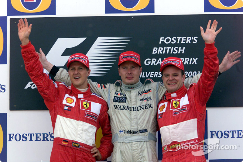 2001: 1. Mika Häkkinen, 2. Michael Schumacher, 3. Rubens Barrichello