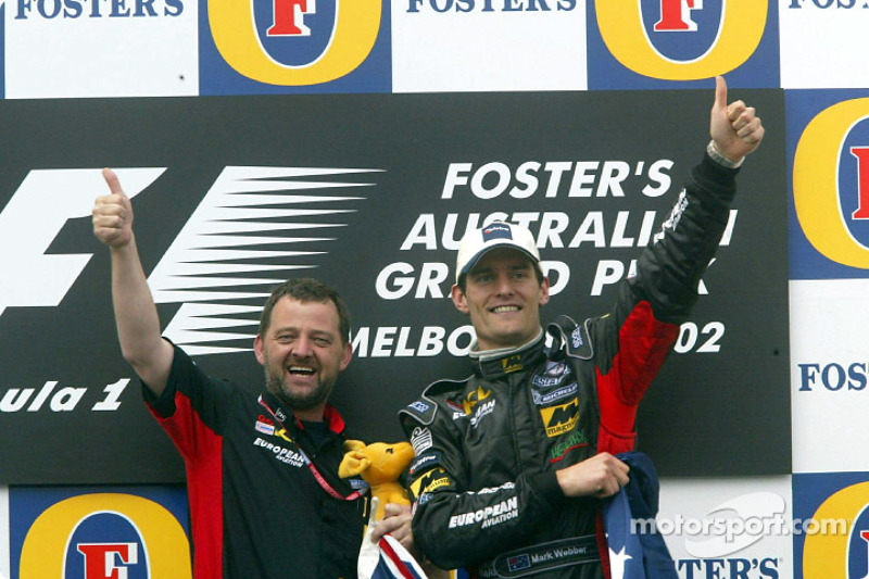 Mark Webber, Paul Stoddart and the boxing kangaroo celebrating