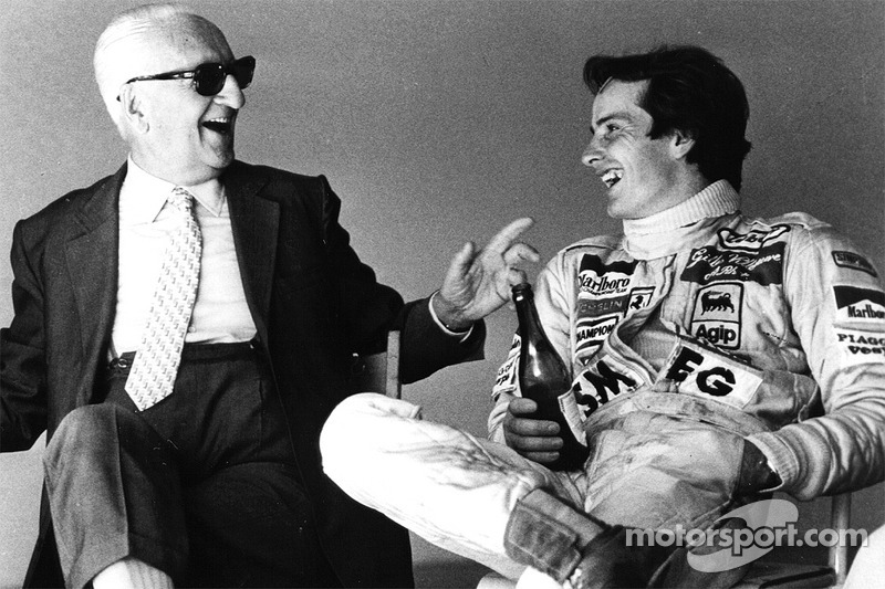 Enzo Ferrari and his spiritual son Gilles Villeneuve sharing a bottle of Lambrusco after a testing s