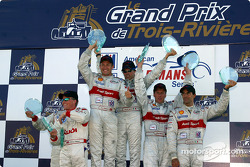 The podium: overall and LMP 900 winners Rinaldo Capello and Tom Kristensen with Stefan Johansson, Johnny Herbert, Emanuele Pirro and Frank Biela