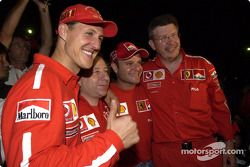 Michael Schumacher, Jean Todt, Rubens Barrichello y Ross Brawn