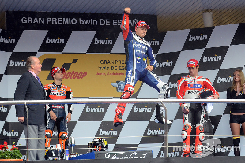 Podium : le vainqueur Jorge Lorenzo, Yamaha Factory Racing, le deuxième Dani Pedrosa, Repsol Honda Team, le troisième Nicky Hayden, Ducati Team