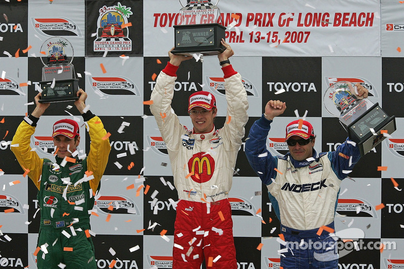 Podium: 2007 Long Beach winner Sébastien Bourdais celebrates with Oriol Servia (2nd) and Will Power (3rd)