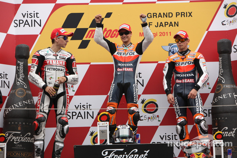 Podium in 2011 with winner Dani Pedrosa, Jorge Lorenzo and Casey Stoner