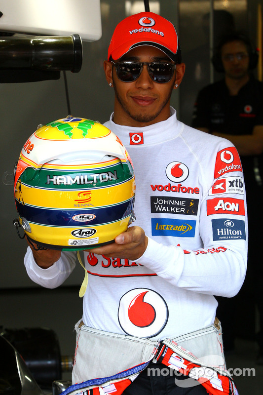 Lewis Hamilton, McLaren Mercedes, with tribute helmet to Ayrton Senna