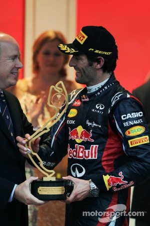 Race winner Mark Webber, Red Bull Racing on the podium with HSH Prince Albert of Monaco