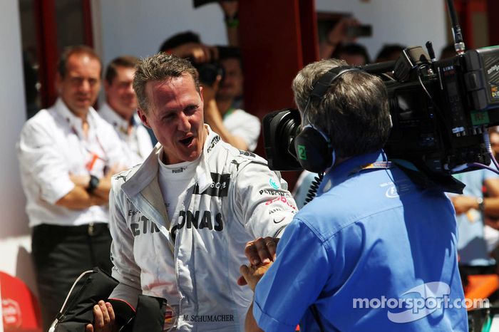 Michael Schumacher, Mercedes AMG F1 celebra su tercera posición en parc ferme