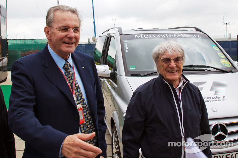 Jacques Rogge, IOC President with Bernie Ecclestone, CEO Formula One Group