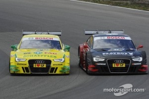 Mike Rockenfeller, Audi Sport Team Phoenix Racing Audi A5 DTM side by side with Edoardo Mortara, Audi Sport Team Rosberg Audi A5 DTM