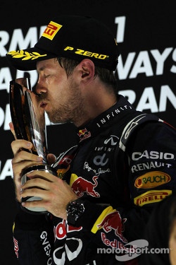 Sebastian Vettel, Red Bull Racing celebrates his third position on the podium