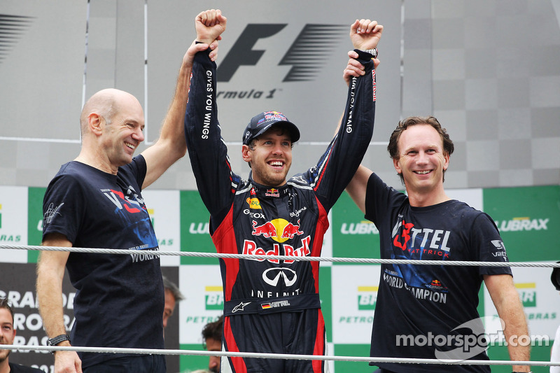 Sebastian Vettel, Red Bull Racing celebrates his World Championship with Adrian Newey, Red Bull Racing Chief Technical Officer, Christian Horner, Red Bull Racing Team Principal and the team