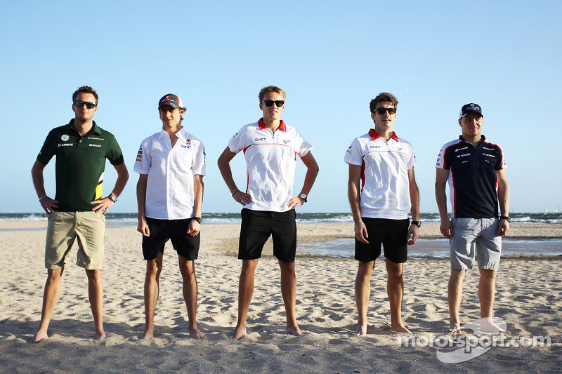 Rookie drivers on the beach, Giedo van der Garde, Caterham F1 Team; Esteban Gutierrez, Sauber; Max Chilton, Marussia F1 Team; Jules Bianchi, Marussia F1 Team; Valtteri Bottas