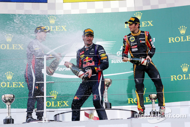 Mark Webber, Red Bull Racing comemora sua segunda posição no pódio, com vencedor Sebastian Vettel, R