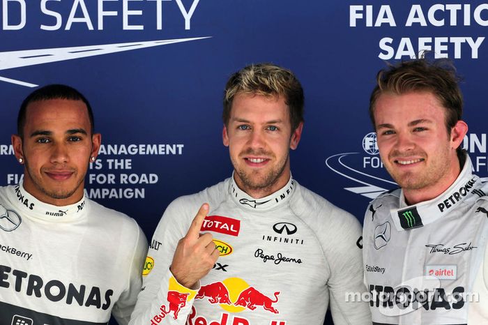 1.Sebastian Vettel-Nico Rosberg-Lewis Hamilton: 14