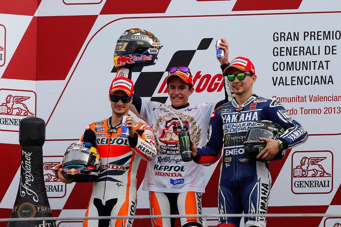 Podio: 1º Jorge Lorenzo, 2º Dani Pedrosa, 3º Marc Márquez