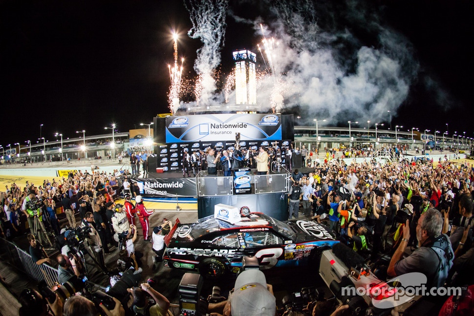 Championship victory lane: NASCAR Nationwide Series 2013 champion Austin Dillon celebrates