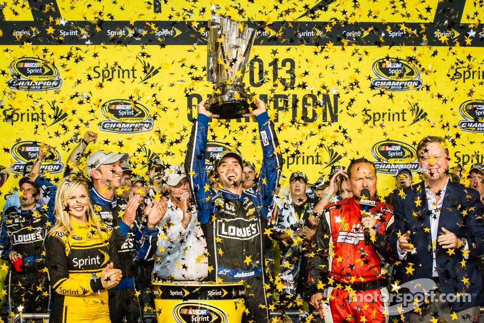 Championship victory lane: NASCAR Sprint Cup Series 2013 champion 2013 Jimmie Johnson, Hendrick Motorsports Chevrolet celebrates