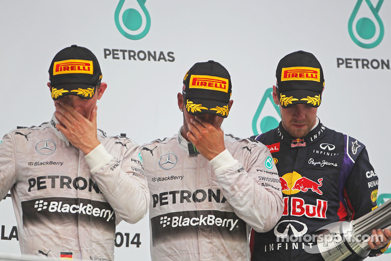 The podium, Mercedes AMG F1, second; Lewis Hamilton, Mercedes AMG F1, race winner; Sebastian Vettel,