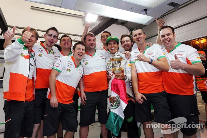 Sergio Pérez, Sahara Force India F1 celebra su tercera posición con el equipo