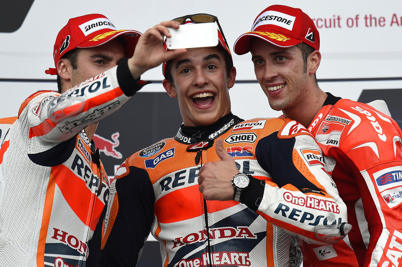 Race winner Marc Marquez, second place Dani Pedrosa, third palce Andrea Dovizioso