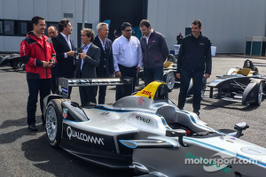 The first 10 Formula E cars are delivered and presented: Formula E CEO Alejandro Agag with Alain Prost and other team owners