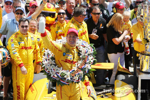 Ryan Hunter-Reay of Andretti Auto Sport celebrates with the traditional bottle of milk in Victory Circle after winning the 98th running of the Indianapolis 500 Mile Race