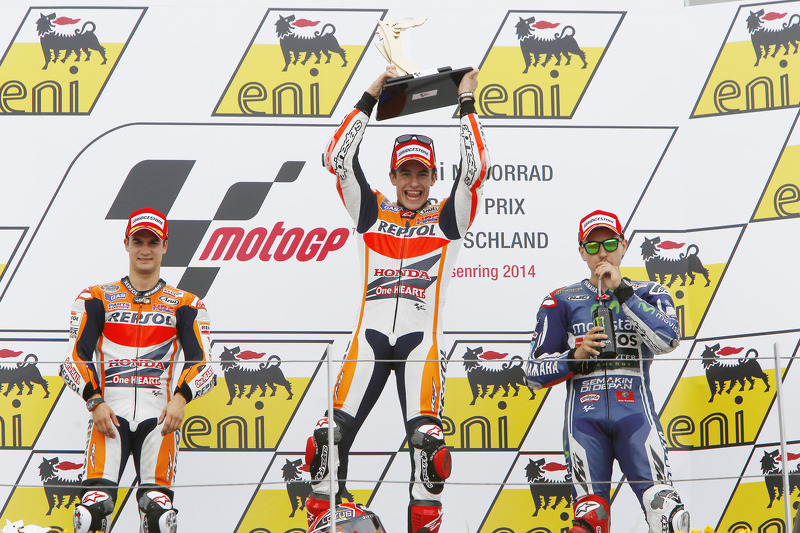 Podio: carrera ganador Marc Márquez, segundo puesto de Dani Pedrosa, Jorge Lorenzo el tercer lugar