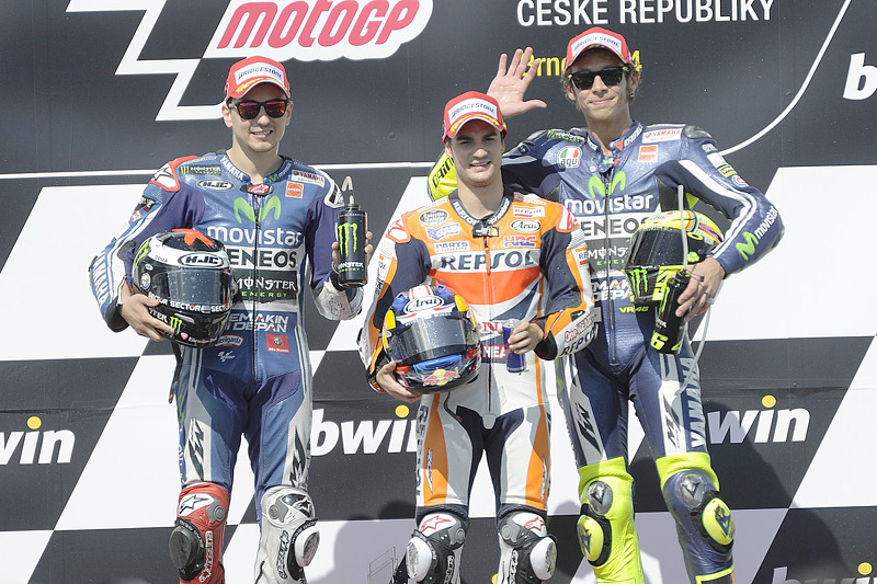 Race winner Dani Pedrosa, second place Jorge Lorenzo, third place Valentino Rossi