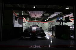 The Marussia F1 Team MR03 of Jules Bianchi, Marussia F1 Team at night time in parc ferme conditions in the pit garage