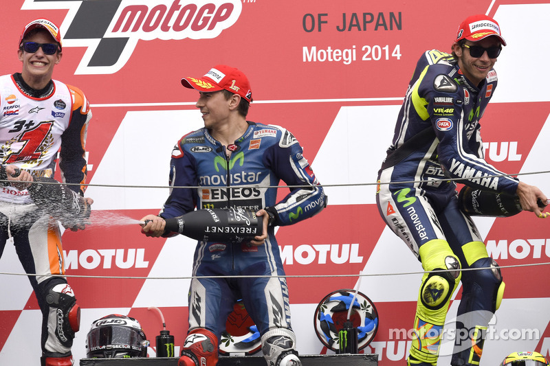 Podium: race winner Jorge Lorenzo, second place Marc Marquez, third place Valentino Rossi