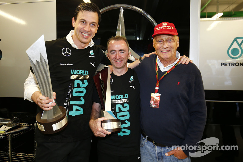 (L to R): Toto Wolff, Mercedes AMG F1 Shareholder and Executive Director; Paddy Lowe, Mercedes AMG F1 Executive Director and Niki Lauda, Mercedes Non-Executive Chairman celebrate winning the 2014 Constructors Championship with the team